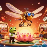 Experience the thrill of gambling with OXBET in a vibrant 3D casino scene featuring a lively dragonfly pilot and frog croupier.