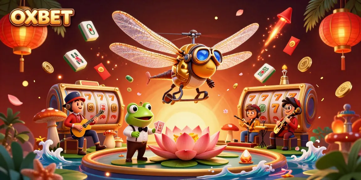 Experience the thrill of gambling with OXBET in a vibrant 3D casino scene featuring a lively dragonfly pilot and frog croupier.