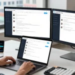 Engaging with the Telegram Web Version in a modern workspace setting with dynamic tech elements.