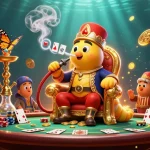 Experience UY88's vibrant casino scene with a whimsical hookah-master and poker elements!