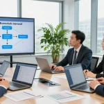 Team discussing cyber essentials renewal strategies in modern office.