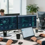 Cyber essentials managed service in action with cybersecurity experts analyzing compliance data in a modern office.