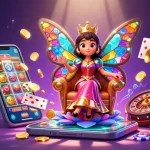 Experience the excitement of fiveshot with vibrant casino graphics, featuring a butterfly queen in a playful gaming atmosphere.