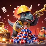 Dax69 merayakan kemenangan dengan triceratops dan permainan poker mengelilingi tumpukan chip poker.