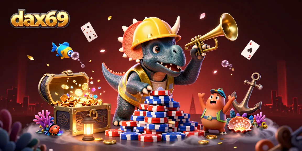 Dax69 merayakan kemenangan dengan triceratops dan permainan poker mengelilingi tumpukan chip poker.