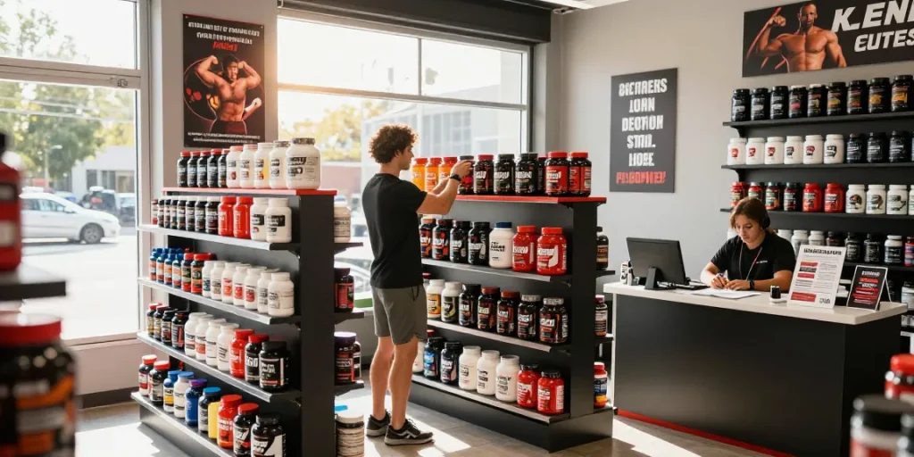 Steroide Boutique display showcasing anabolic products in a vibrant fitness supplement store, capturing an engaged shopper.