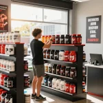 Steroide Boutique display showcasing anabolic products in a vibrant fitness supplement store, capturing an engaged shopper.