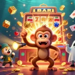 Experience the thrill of 98win com with a lively scene of gambling antics featuring a whimsical monkey and an eager puppy in a bustling casino.