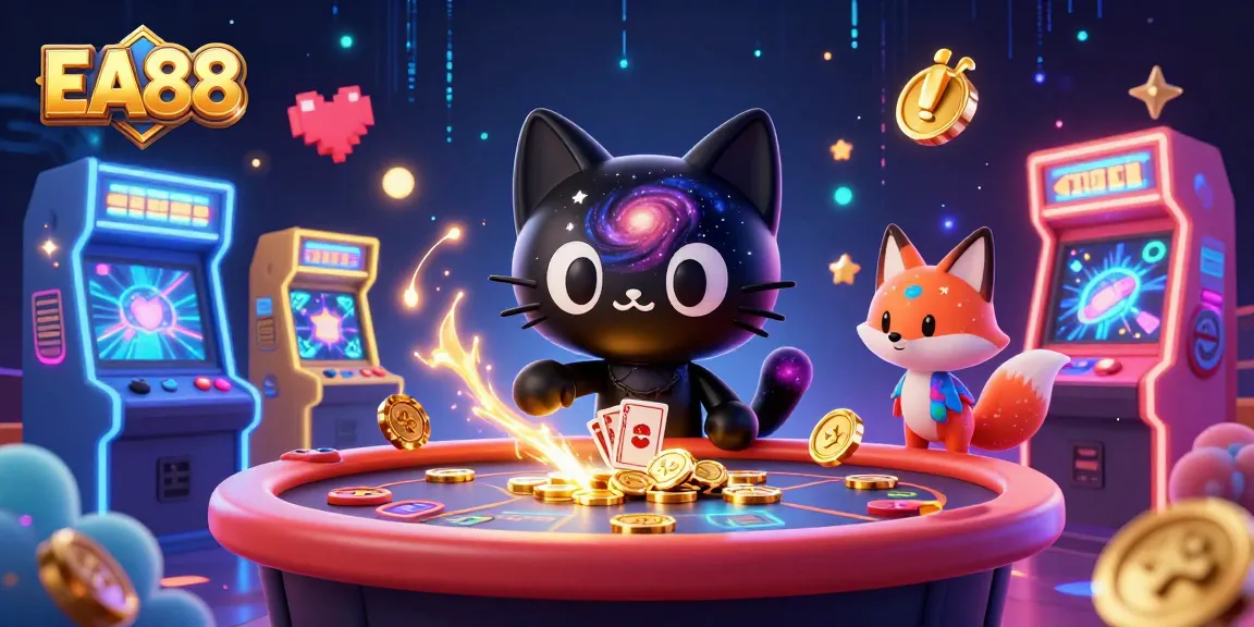 EA88 attracts players with a captivating cosmic casino scene featuring a black hole cat and colorful game elements.