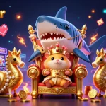 Experience thrilling gameplay at hotrubber with a cartoon scene featuring a golden hamster king and vivid arcade elements.