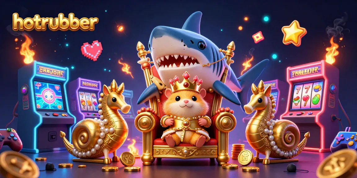 Experience thrilling gameplay at hotrubber with a cartoon scene featuring a golden hamster king and vivid arcade elements.