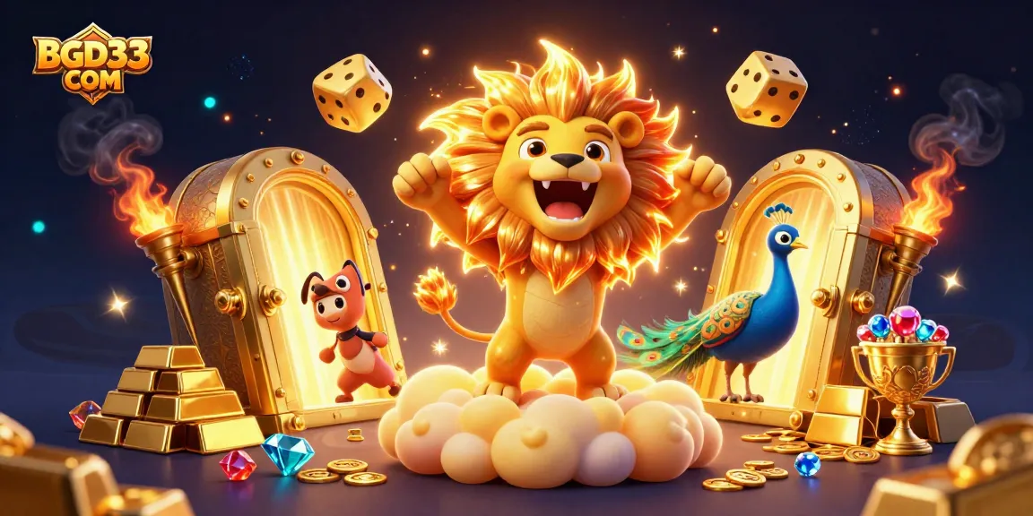 Bets come to life with BGD33 COM in this vibrant casino illustration featuring golden treasures and lively characters.
