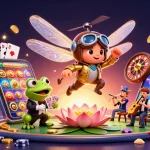 Experience the excitement of 11win with a vibrant casino scene featuring a dragonfly pilot and frog croupier.