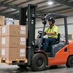 Dynamic warehouse environment showcasing an electric forklift for sale lifting heavy pallets safely.