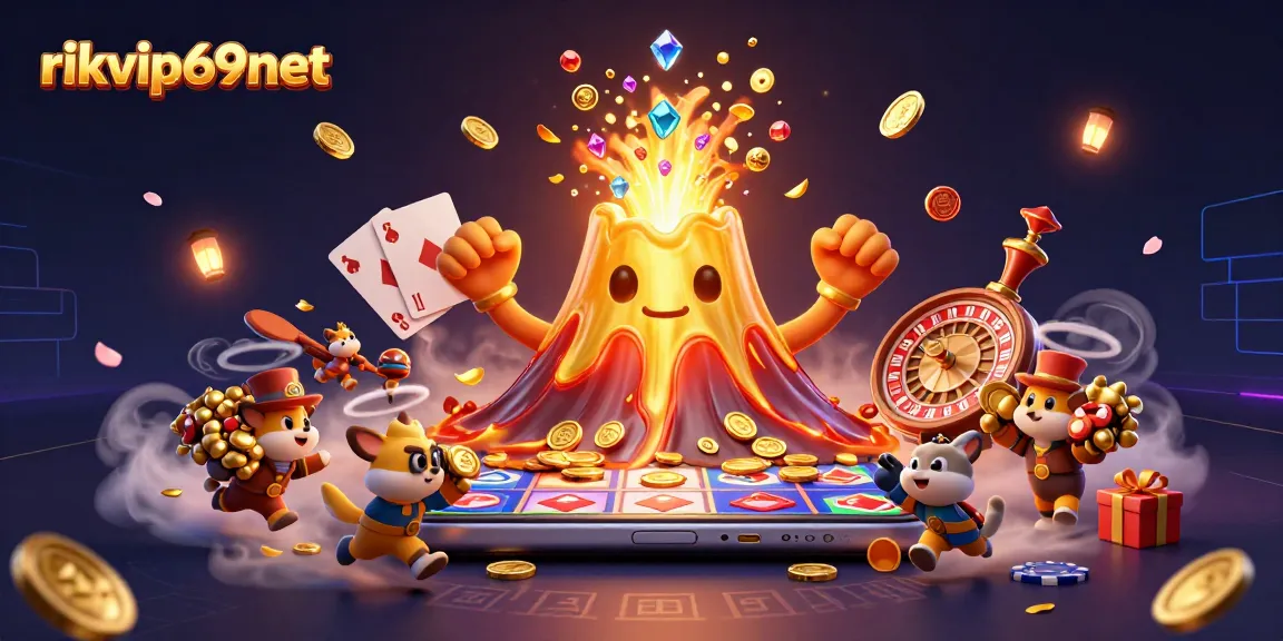 Experience the thrill of gaming excitement with rikvip69net as golden coins erupt from a volcano of luck.