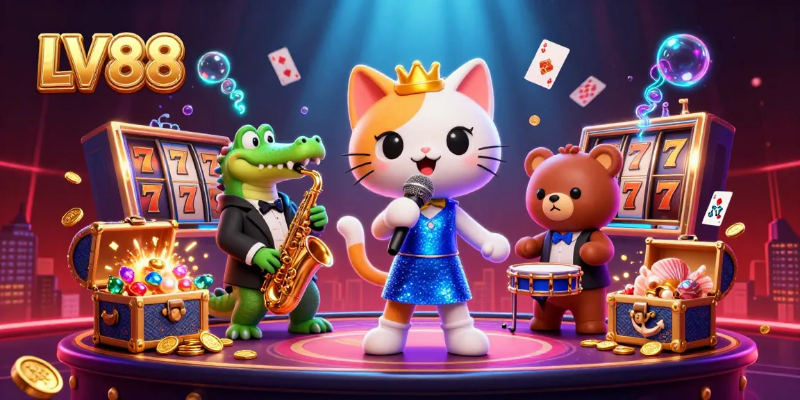 Experience thrilling wins at LV88 with vibrant characters and dynamic casino elements in a captivating 3D scene.