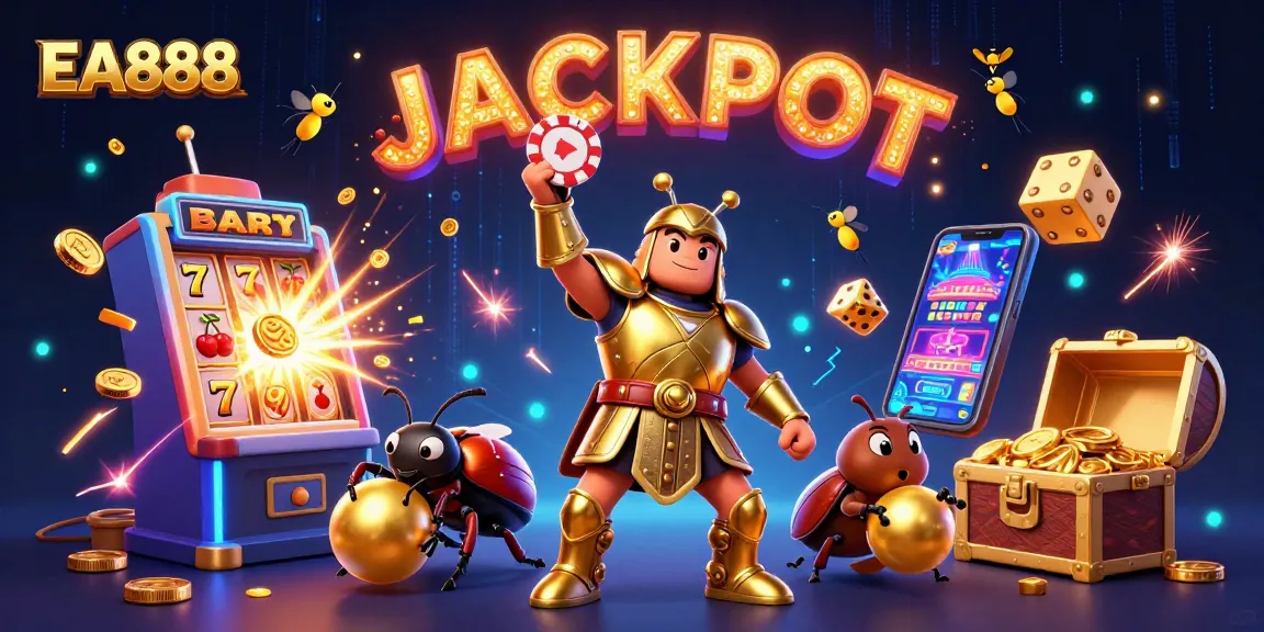 Win big at EA888 with an animated scene of joyful gambling excitement featuring beetles and jubilant sparks.